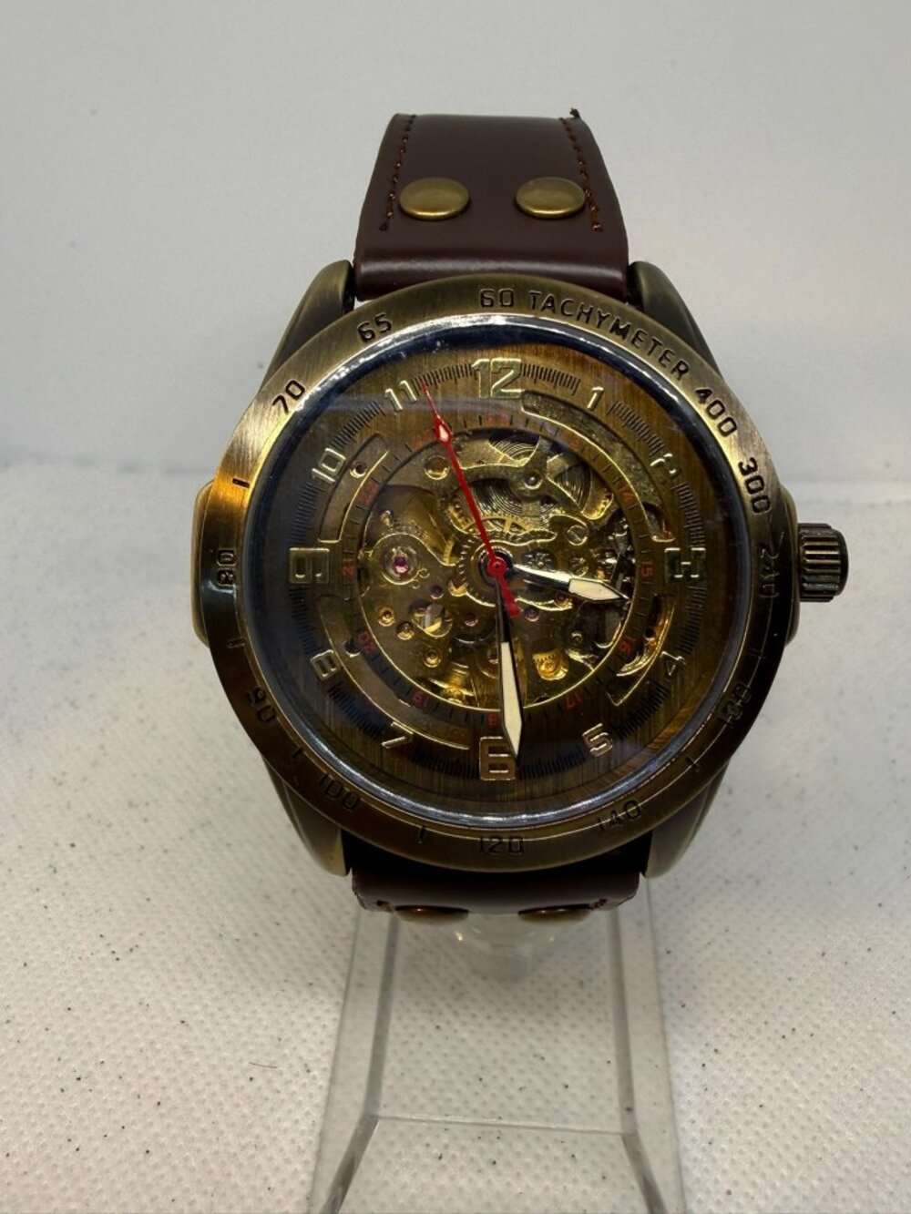 AMPM24 Steampunk Automatic Wind-up Skeleton Watch Bronze Case Brown Leather Band
